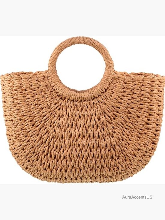 Handbags - Woven Straw Tote Bag with Drawstring Large Capacity Handmade Summer Beach Bag